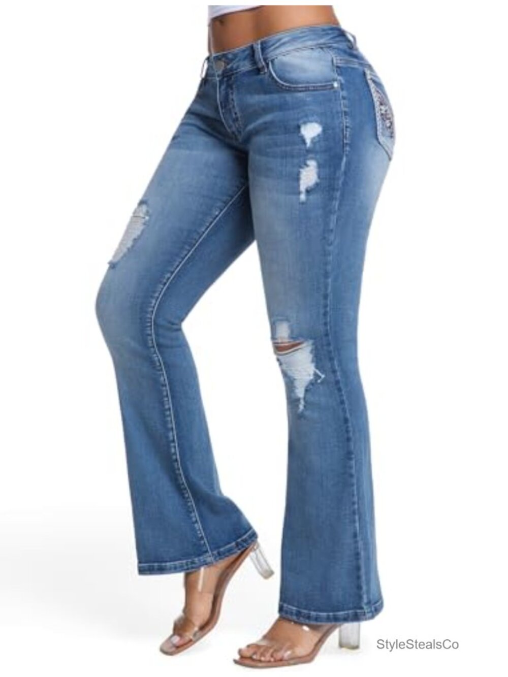 Low Rise Bootcut Jeans Super Stretch Distressed Ripped Western Denim